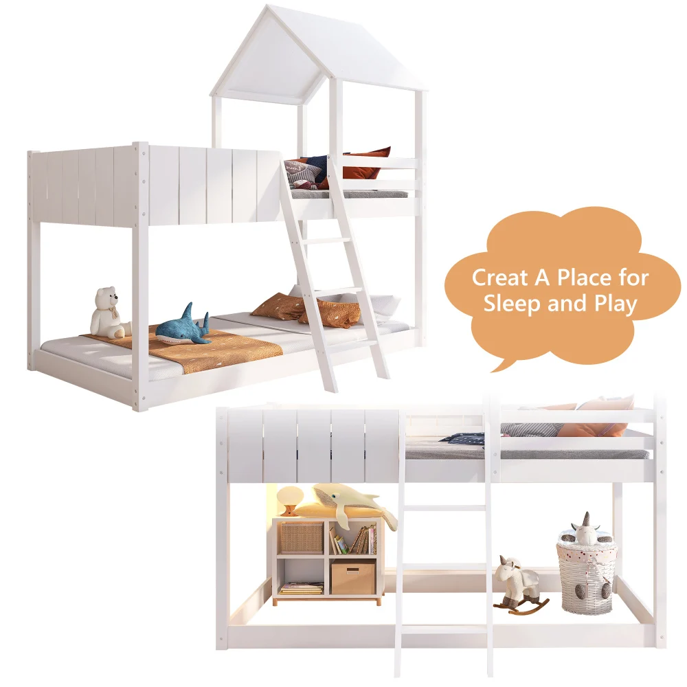 Wooden Bunk Bed Loft Bed 3FT Single 90x190cm with Ladder Guard Rail Tree House Canopy Mid-Sleeper Cabin Bed for Kids Children