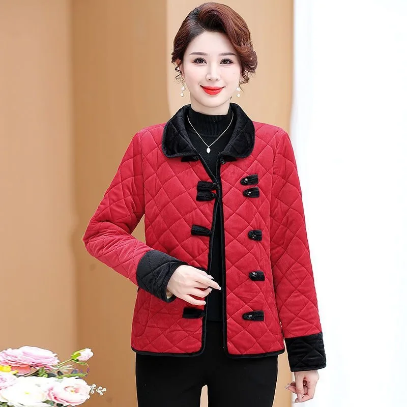 Women Mom Style Winter Fleece Lined Cotton Coat Tang Buckle Loose Plus Size Warm Jacket