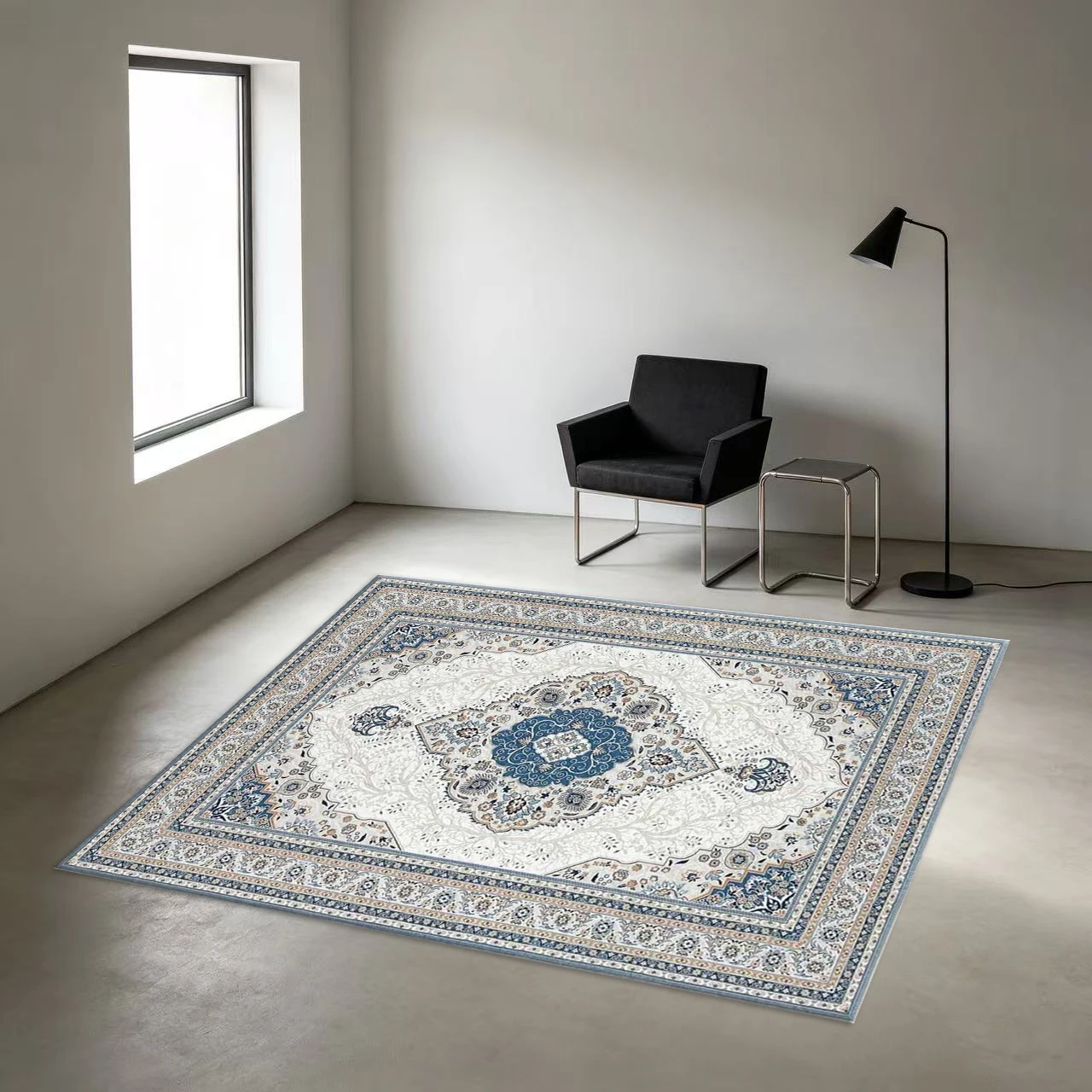 Cream Blue Oriental Medallion Square Area Rug Vintage Floral Border Printed Floor Carpet for Living Room Bedroom Home Decor