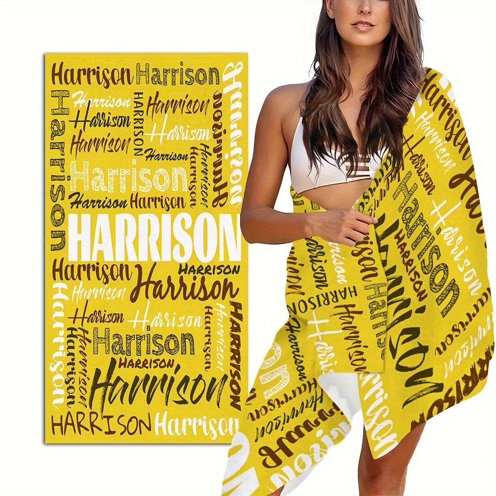 منشفة شاطئ ذات اسم شخصي - منشفة حمام سباحة مخصصة مقاس 80 × 160 سم للرجال والنساء، بطانية صيفية كبيرة سريعة الجفاف للشاطئ والسفر