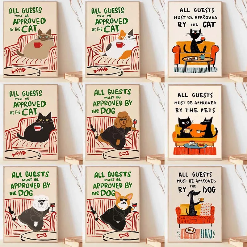 Affiche de chats drôles et mignons, toile imprimée abstraite, peinture sur toile "tous les invités doivent être approuvés par chat", imprimés d'animaux, décoration murale pour la maison