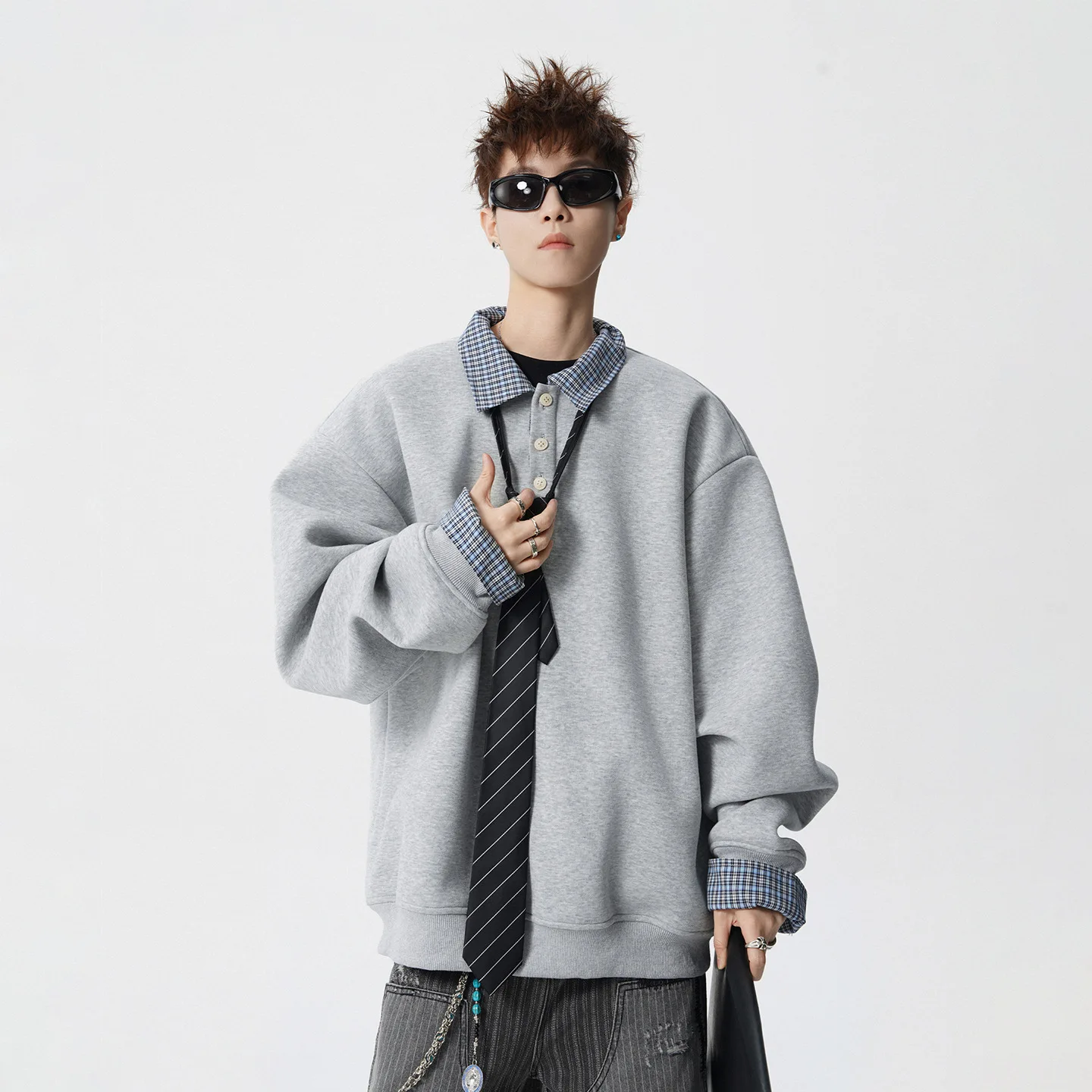 MWJLPWQ American Retro Button-Up Stand-Up Collar Sweatshirt For Men Spring Simple Casual Style Loose Pullover Couple's Top 16891