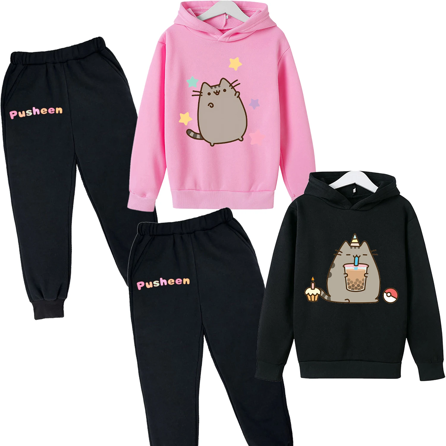 2pcs Pusheen Cat Sweatshirt Suit for Children Plush Hoodies+pants Trendy Print Hoodie Sweatpants Girls Anime Clothes Set Gift