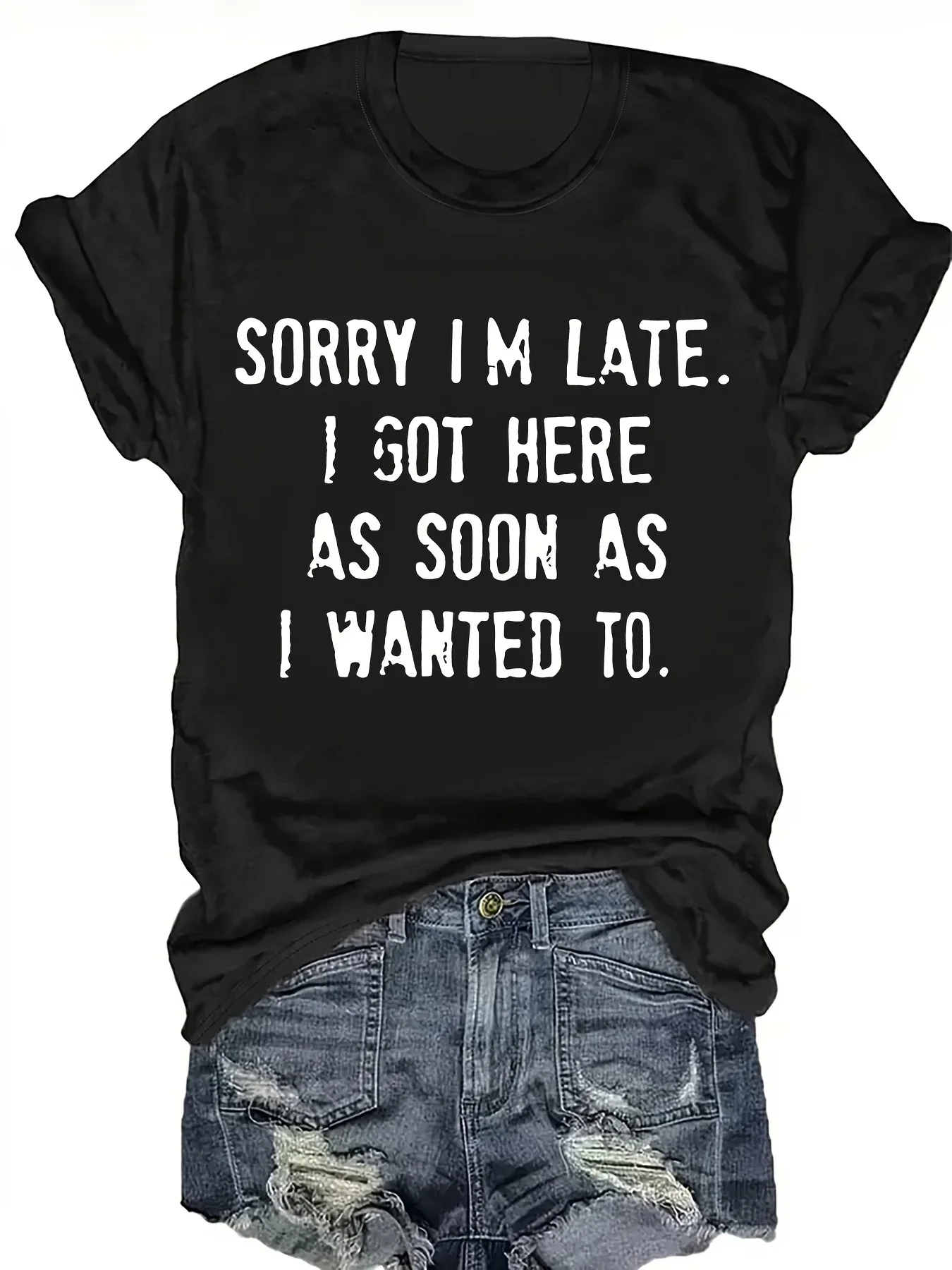 تي شيرت نسائي كاجوال بأكمام طاقم ورقبة دائرية مع "SORRY I'M LATE" مطبوع عليه حروف وردي فاتح جرافيك صيفي بأكمام هاراجوكو ملابس الشارع
