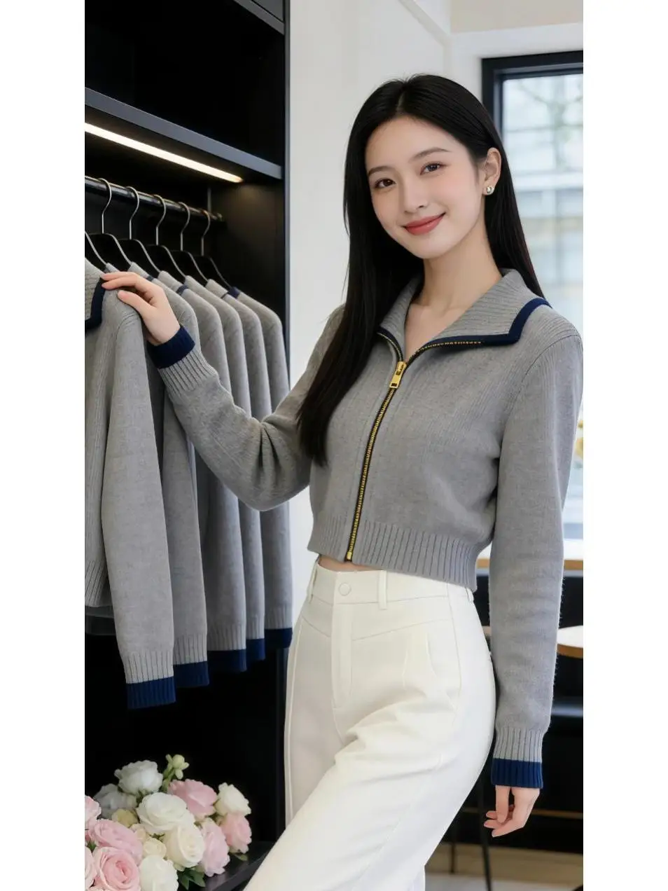 

Женский вязаный кардиган на молнии, повседневный, средней плотности, с длинными рукавами, высоким круглым воротом, вязаная кофта