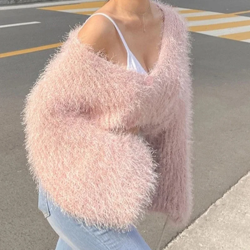 New Autumn Winter Warm Women Faux Fur Coat Loose Black White Pink Plush Fluffy Short Coat Elegant Fashion Female Fur Jacket