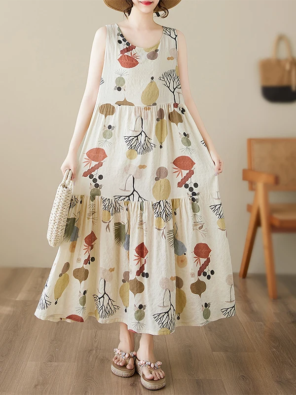 Ladies Summer New Loose Fit A-Line Vest Svel Overhead Dr Retro Artistic Sle Large Size Cotton Linen Blend Skirt