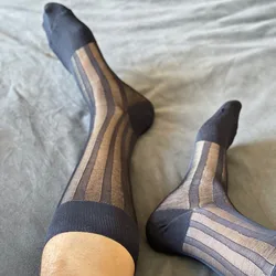 Men's Stocking Japanese Formal Business Socks Gift for Men Sexy Erotic Ultra-thin Stripe Nylon Calf Long Socks Male Dress Socks