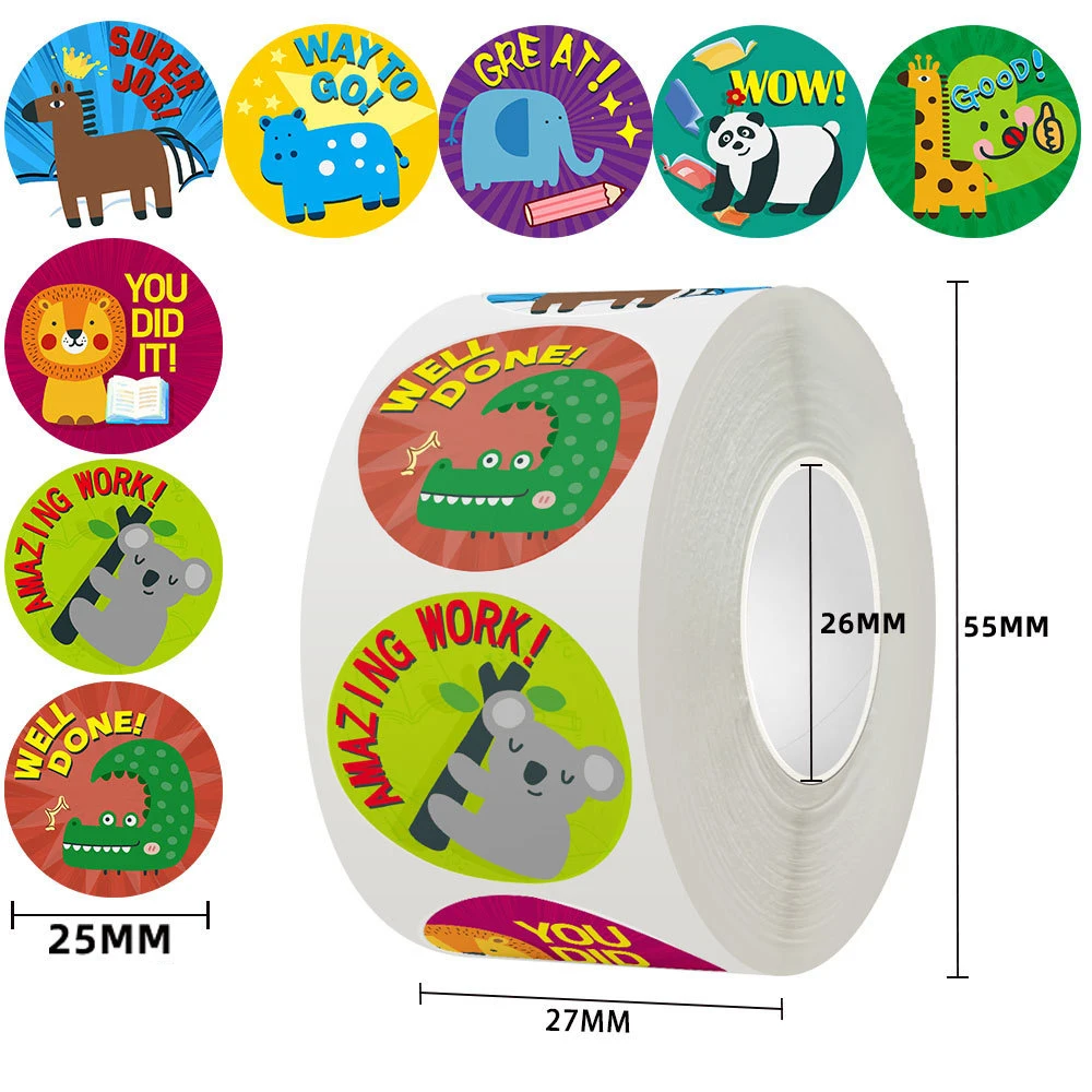 500 PCS Round Animal Stickers,8 Designs Animal Cartoon Teacher Reward Stickers for Kids, Party Decor Sticker for School Home 1''