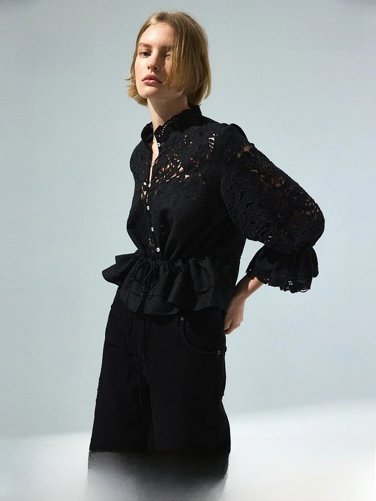 

H&M Summer New Women's Cotton Blend English Embroidery Shirt Linen Cotton Blend Button up Stand Collar 7/8 Sleeve British Style