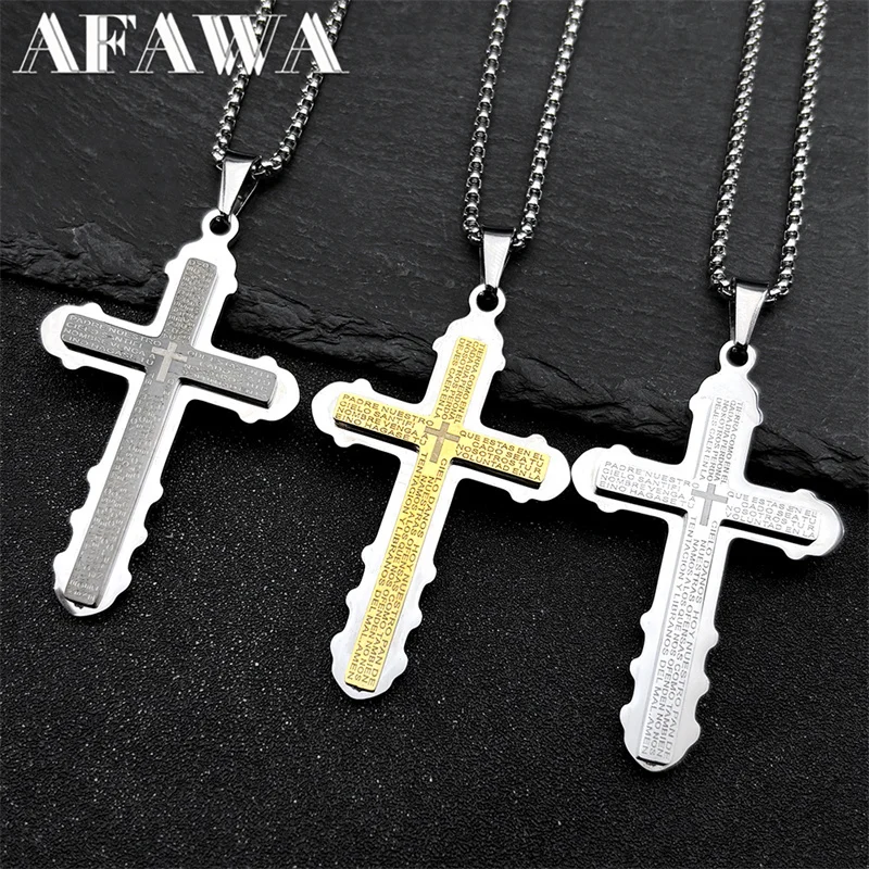 

Catholic Spanish Bible Cross Pendants Necklace for Women Men Stainless Steel Chain Necklaces Prayer Amulet Jewelry Gift
