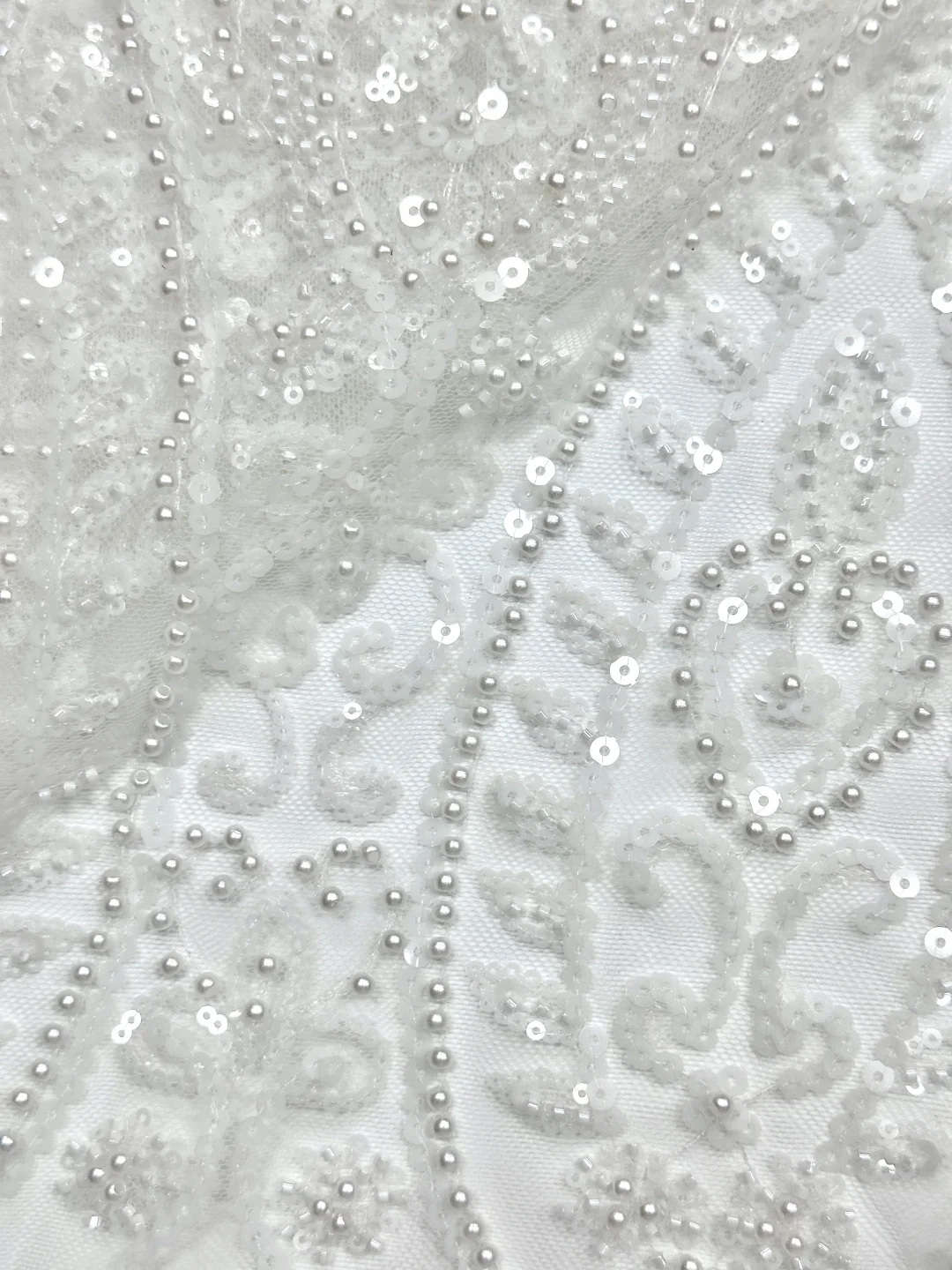 

2026Ultra Elegant White Tulle Lace Fabric with Beads& Stones – High Quality for Wedding Evening DressesNN7618_R