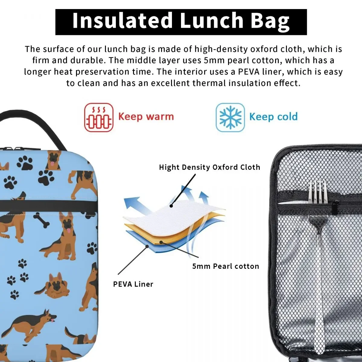 German Shepherd Pattern In Blue Insulated Lunch Bag for Women Kids Portable Food Boxes Thermal Lunch Box Tote
