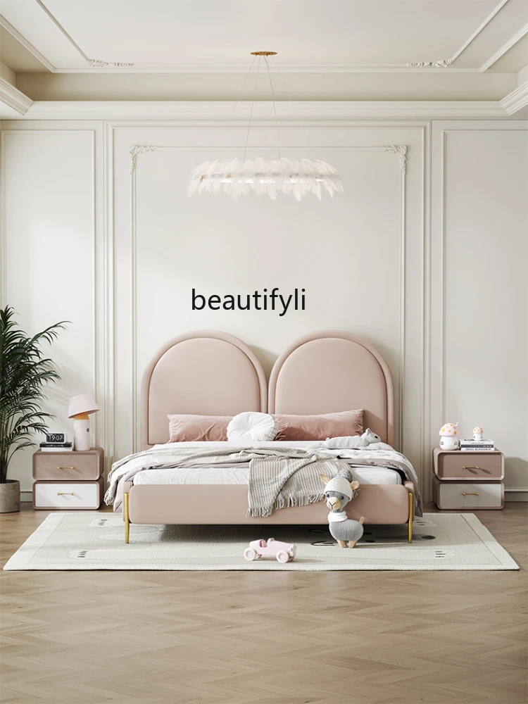 Girls Pink Solid Wood Bed Modern Simple Leather Bed Light Luxury Cartoon Soft Bag Princess Bed