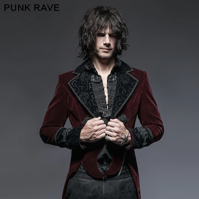PUNK RAVE-Chaqueta gótica roja de vampiro para hombre, chaqueta con cola y tijeras, abrigo largo para fiesta Punk Rock, ropa Y635