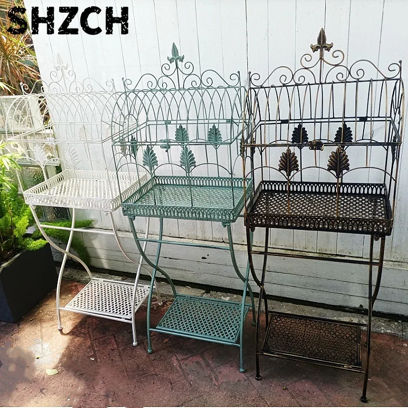 2-Tier Plant Stand Floor Standing Bonsai Display Shelf Antique Birdcage Style Flower Pot Holder Rustic Iron Planter Organizer