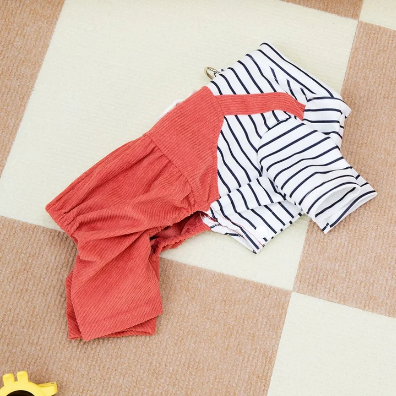 Cute Warm Pet Dog Clothes Fashion Striped Dog Jumpsuit Casual Pet Puppy Rompers Bear Print Cat Overalls Pet Four-Legged Clothes