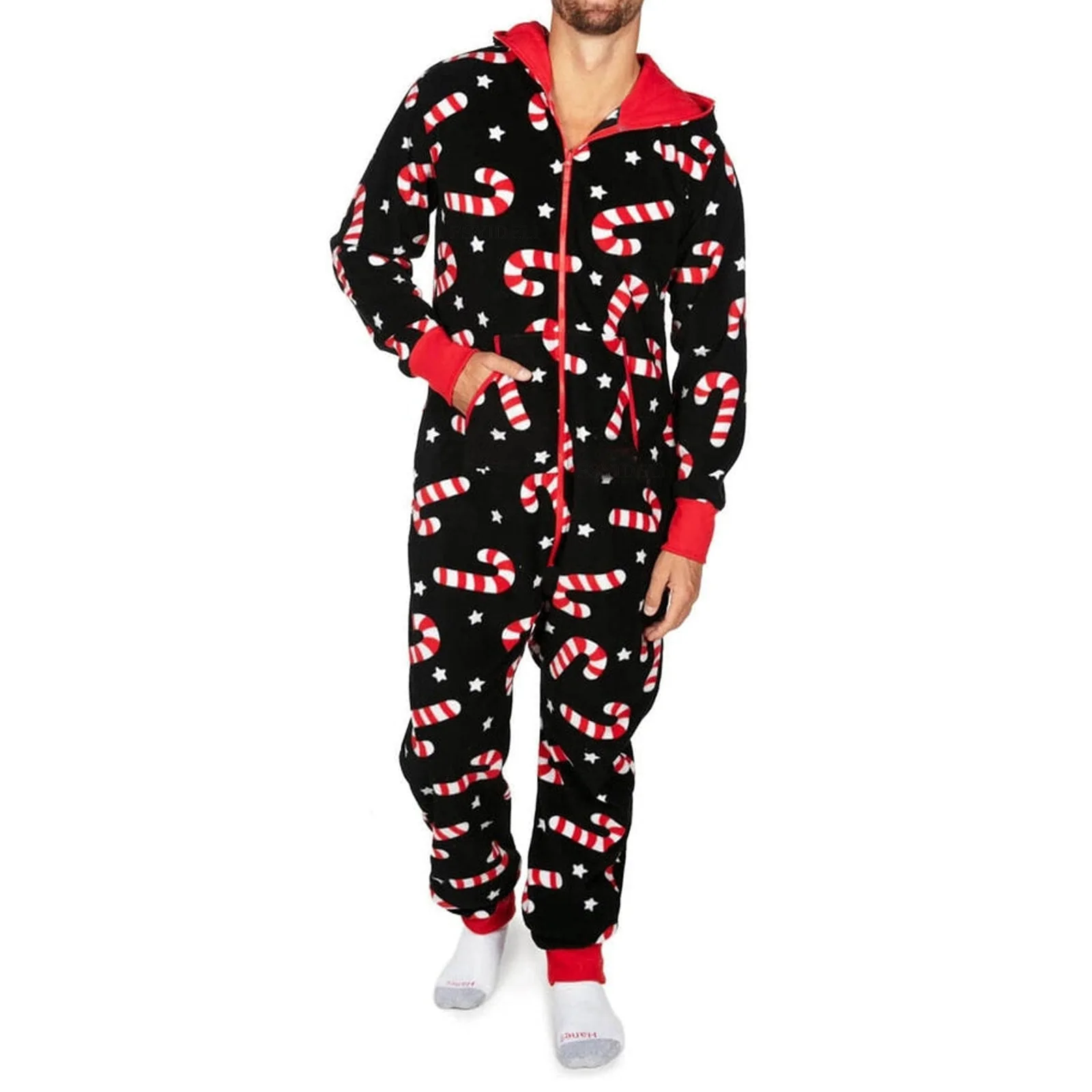 Christmas Autumn Winter One Piece Pajamas Valentine\'s Day Couple Dress Hooded Love Print Homewear Zipper Sleepwear