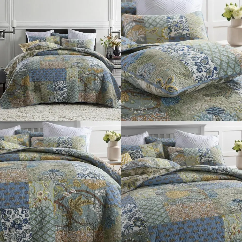

King Size Green Vintage Paisley Patchwork Reversible Cotton Bedspread and Quilt Coverlet Set, 3-Piece