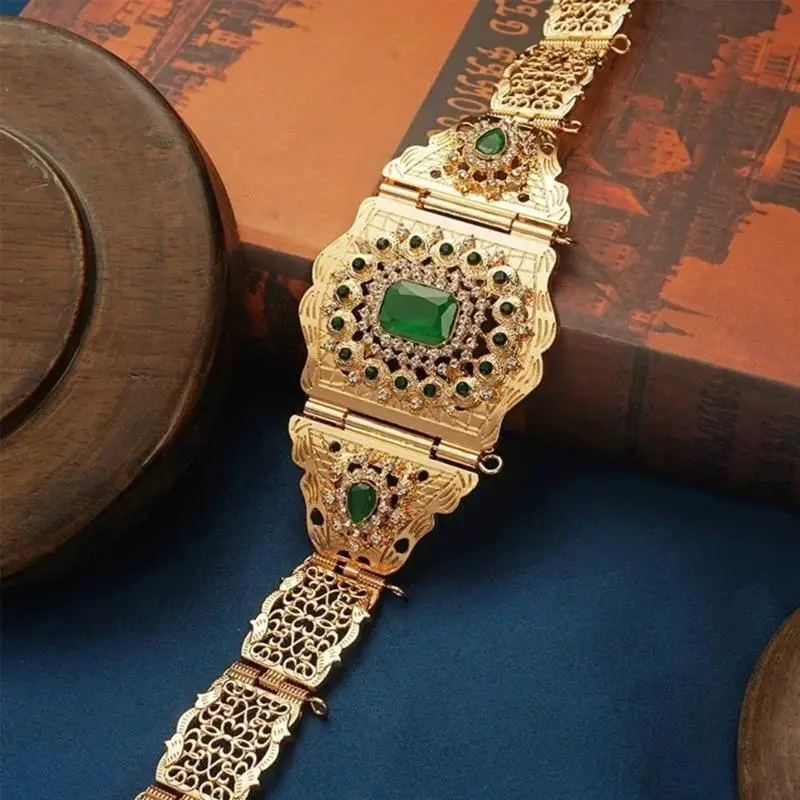 A52E Wide Linked-Panel Waist Belt with Ornate Openwork Metal Design for Formal Dresses, Evening Styling, and Stage Costumes
