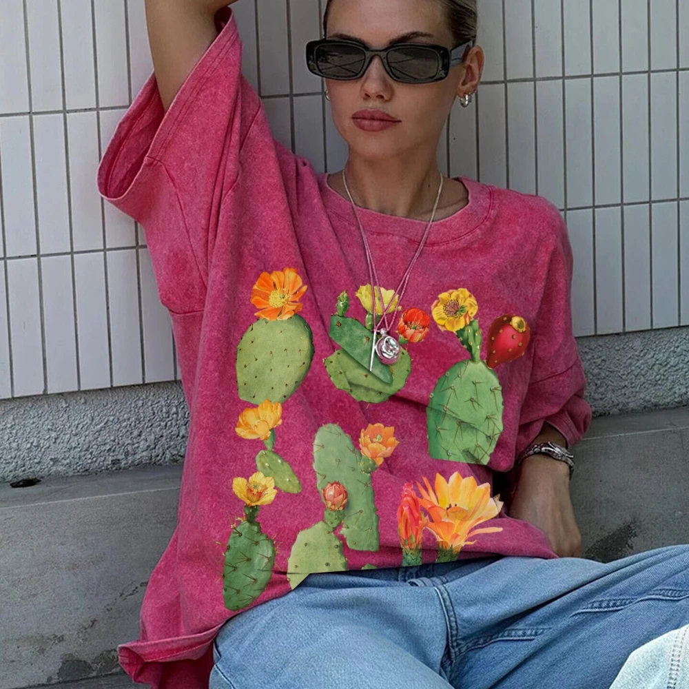 Botanical Cactus T-Shirt Nature Printed Shirt Vintage Unisex Washed T-Shirt Retro Women Clothing y2k Tee 90s Streetwear Shirt