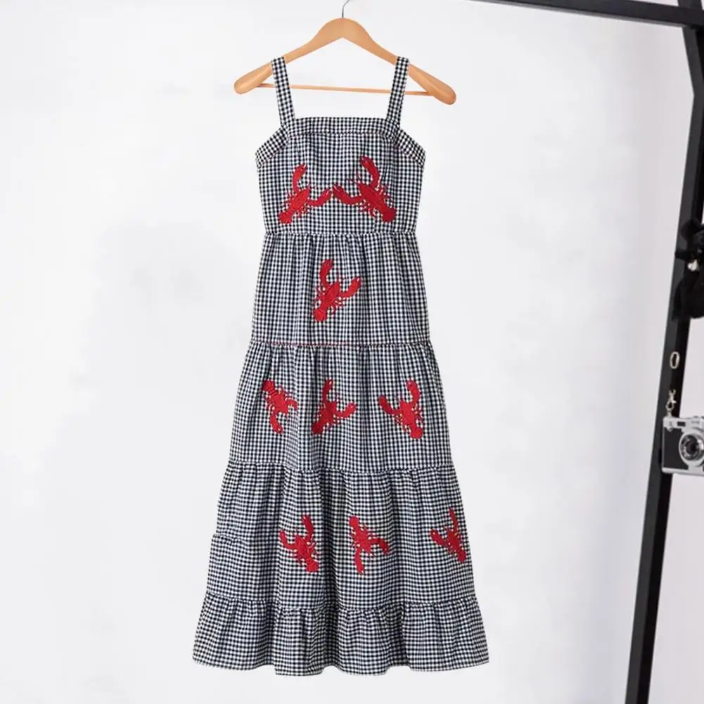 

Loose Cut Pleated Midi Dress Women Embroidered Dress Embroidered Lobster Plaid Midi Dress for Women A-line Vacation Beach