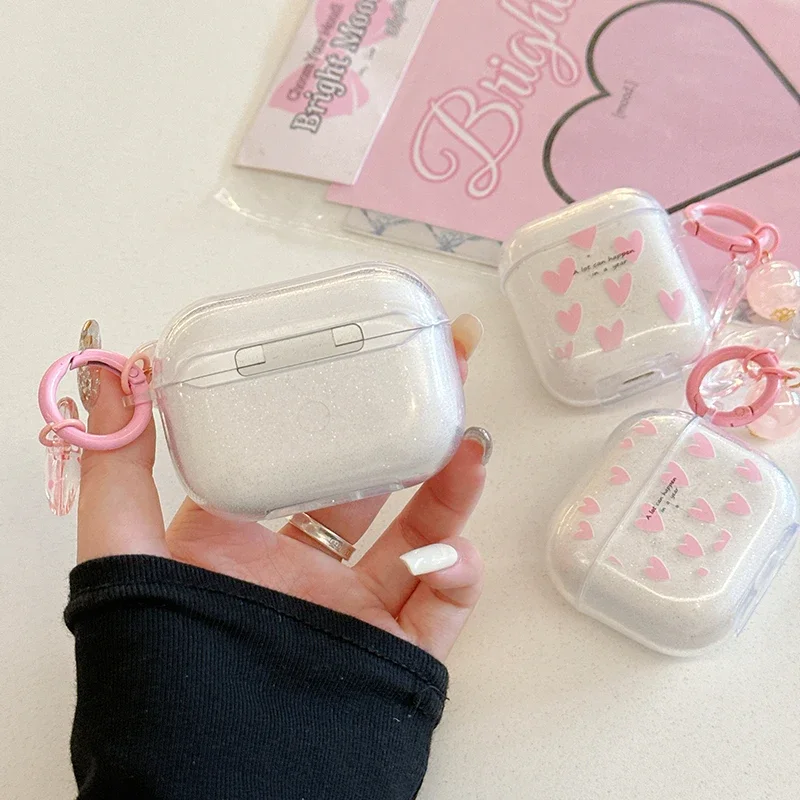Glitter Transparent Love Case with Keychain for Apple AirPods 2 Gen 3 Generation Cover for AirPods Pro 1st 2nd for Air Pods Pro