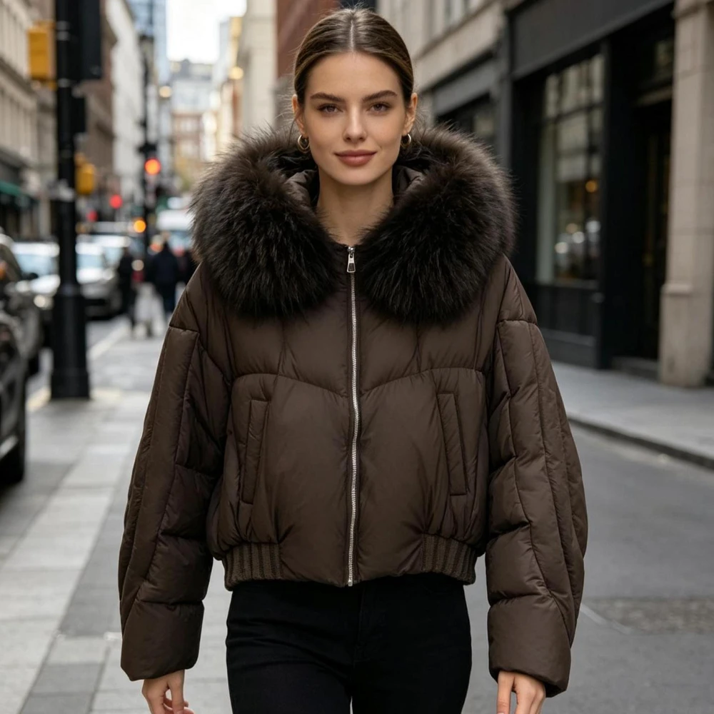 Women Short Winter Down Jacket with Hood Cropped Oversized Puffer Coat Full Zip Warm Thermal Hooded Outerwear for Cold Weather