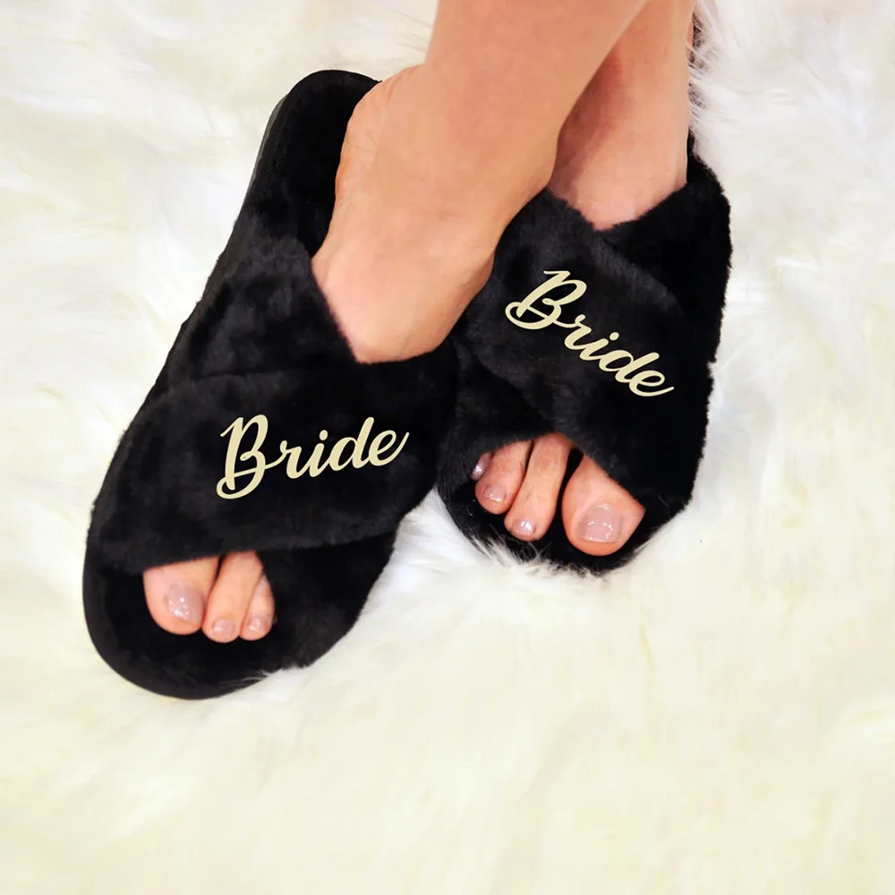 

1pair Bride To Be Cozy Black Fluffy Cross Slipper Bachelorette Party Honeymoon Gift Wedding Day Accessories Bridal Shower Favor