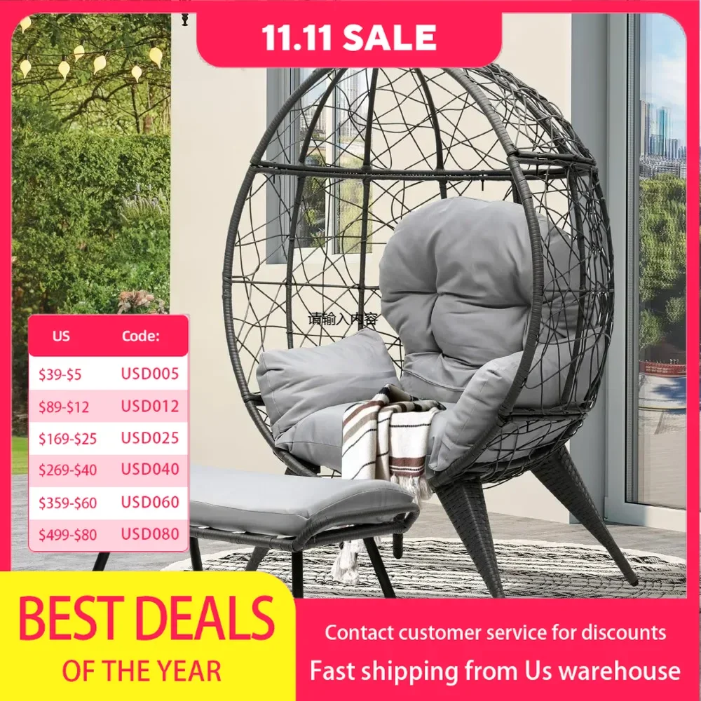 Outdoor Egg Chair with Stand  with Cushion Wicker Chair PE Rattan Chair Footrest Included for Patio, Garden, Backyard, Porch