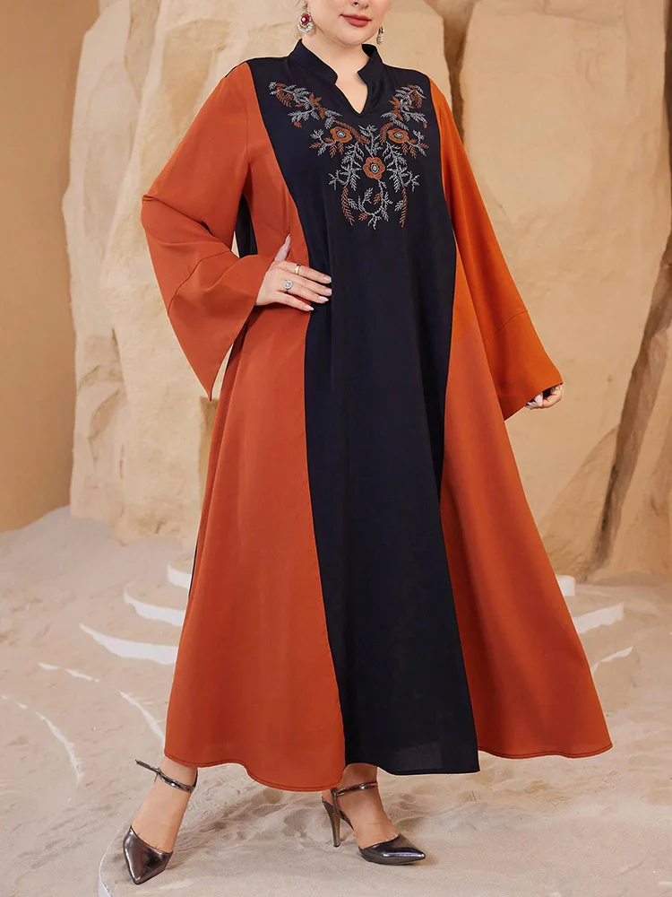 GIBSIE プラスサイズ エスニックスタイル エレガント アバヤドレス レディース 2025 秋冬 イブニングパーティー 刺繍入りローブ ストレート ロングドレス