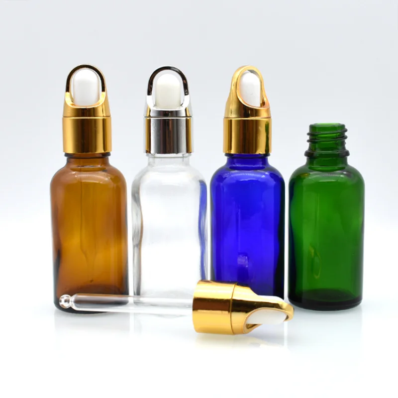 Botella cuentagotas de vidrio de 5ml-100ml con tapa plateada chapada en oro para aceites esenciales, embalaje cosmético para aceites de cutícula