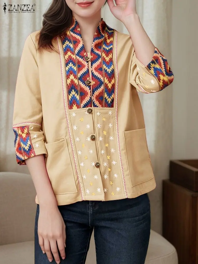 Vintage Patchwork Shirts Vrouwen Tops ZANZEA 2025 Herfst 3/4 Mouw Grote Zakken Mode Tuniek Casual Losse V-hals Tops Blusas