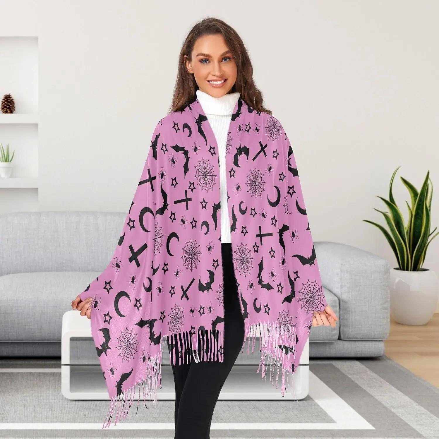 

Готический Y2k женский шарф с летучими мышами и крестами и звездами, пашмины, шали на ощупь, осенне-зимние теплые большие шарфы, модный длинный шарф с кисточками