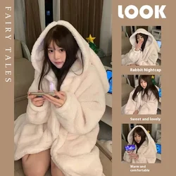 Autumn and Winter Ladies Warm Pajamas Homewear Rabbit Ears Ins Girls Student Pajamas Cartoon New Robe Bathrobe Homewear