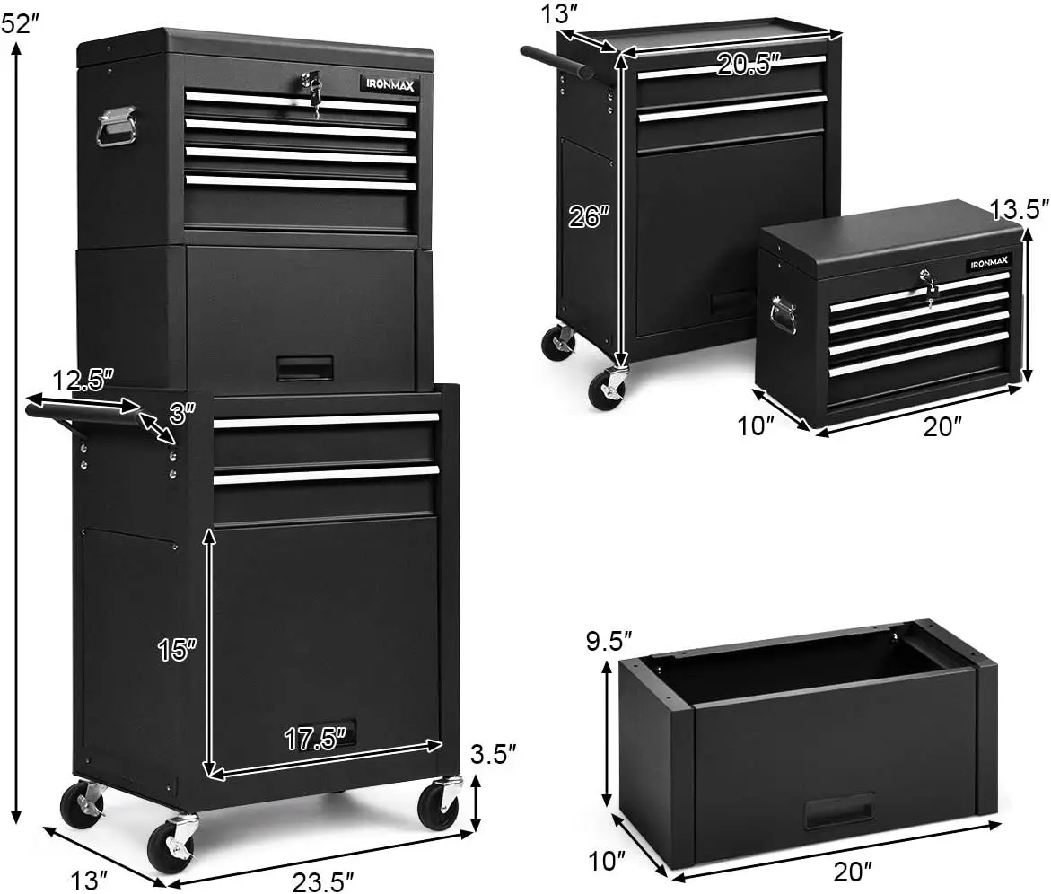 6-Drawer Rolling Tool Chest, 3-in-1 Tool Box Organizer w/Auto Locking System & Lockable Wheels & Sliding Drawers(Black)