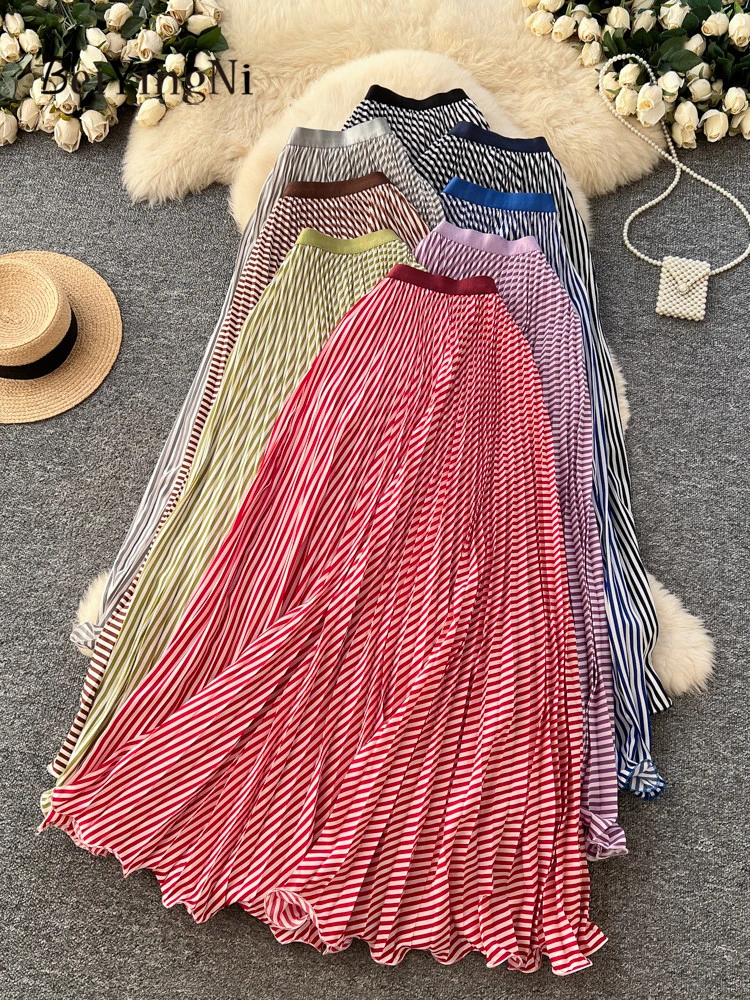 Beiyingni Korean High Waist A-line Long Skirt Women Striped Retro French Elegant Slim High Waist Skirts Lady Purple Chic Faldas