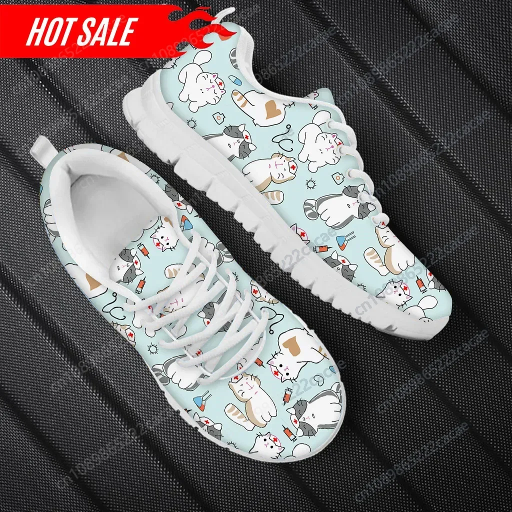 Women Nurse Sneakers Cartoon Cat Veterinary Print Lightweight Mesh Flats Ladies Casual Winter Cute Nursing Shoes New