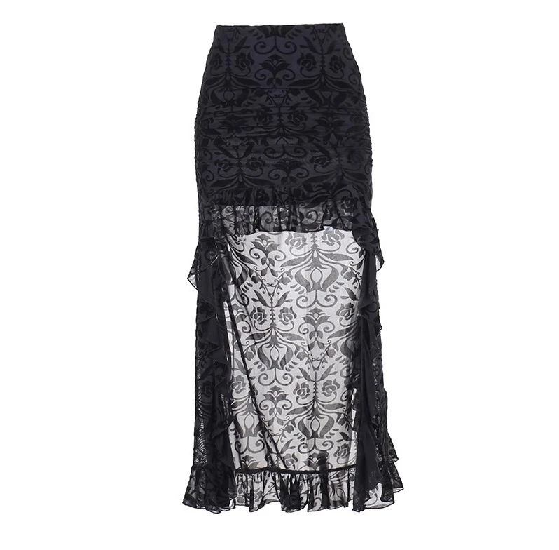 Sexy Temperament Slim High Waist Gauze Front Short Back Long Skirt Elegant Girls Summer Vintage Black Ruffles Irregular Skirts