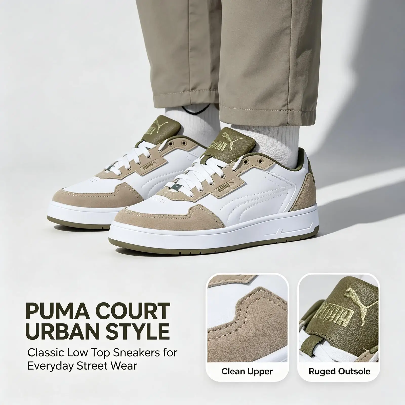 New Puma White Brown Green Court Sneakers for Men Women Classic Low Top Casual Street Walking Shoes Skate Sneakers 395087-04