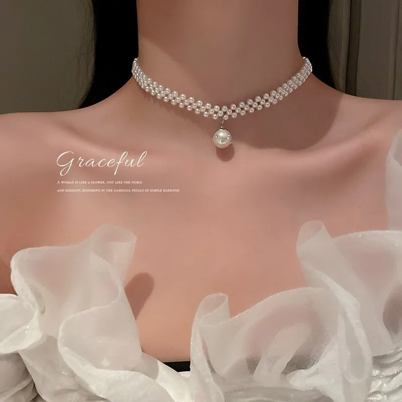 

South Korea contracted pearl geometric necklace female chain small minority light luxury clavicle chain cold etho free shipping