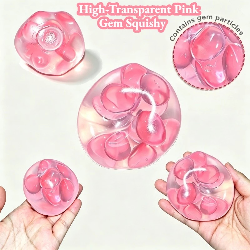 Pelota Antiestrés de Silicona Transparente Hecha a Mano con Aceite de Coco y Gema Rosa, Juguete Antiestrés para Dedos, Adecuado para Adultos