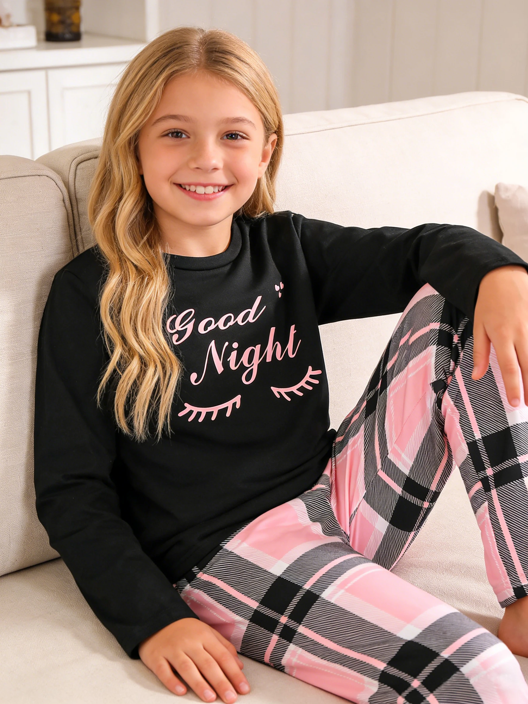 Girls' long-sleeved long-pants pajama set, girls' spring and autumn air-conditioned room pajamas and sleep pants, for home wear