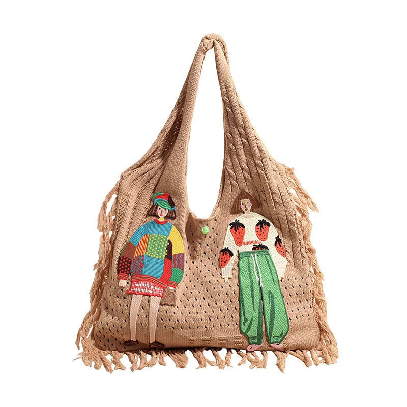 

Women's Chic Hollow Mesh Knitted Shoulder Bag Lightweight Casual Cartoon Tote Beach Vacation Slouchy Woven Handbag