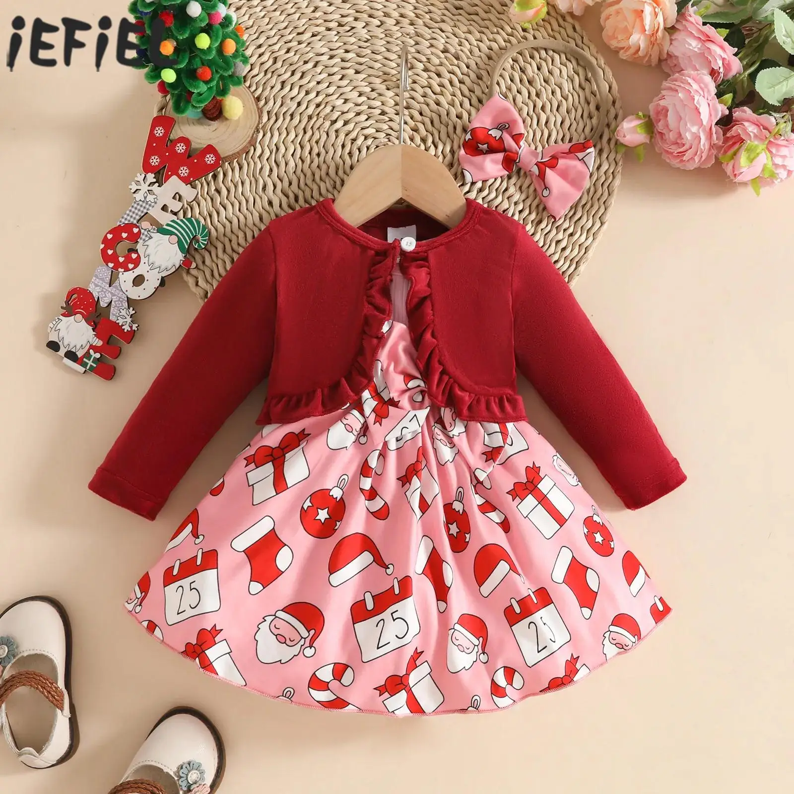 فستان عيد الميلاد للفتيات الصغيرات بأكمام طويلة سترة مخملية مع فساتين مطبوعة لطيفة لعيد الميلاد وعصابة رأس للأطفال #1