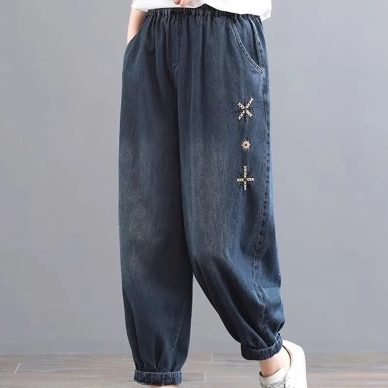 

Винтажные джинсовые шаровары с вышивкой для женщин, весенне-осенние модные свободные повседневные капри с высокой талией, студенческие джинсы