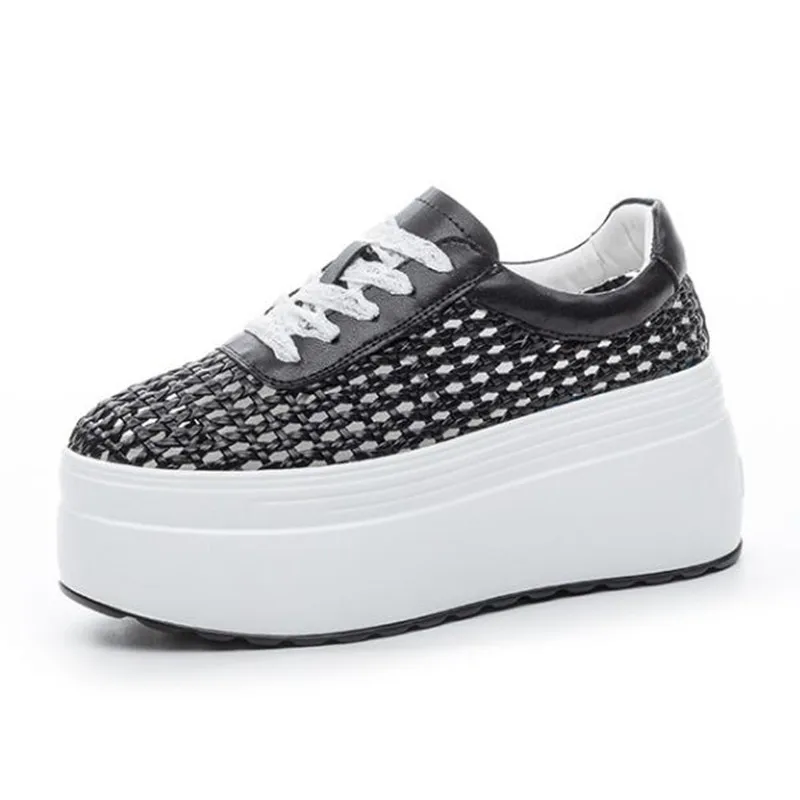 8cm Air Mesh Weave Microfiber Leather High Brand Platform Wedge Fashion Summer Comfy Shoes Hollow Sandals Women Chunky Sneakers