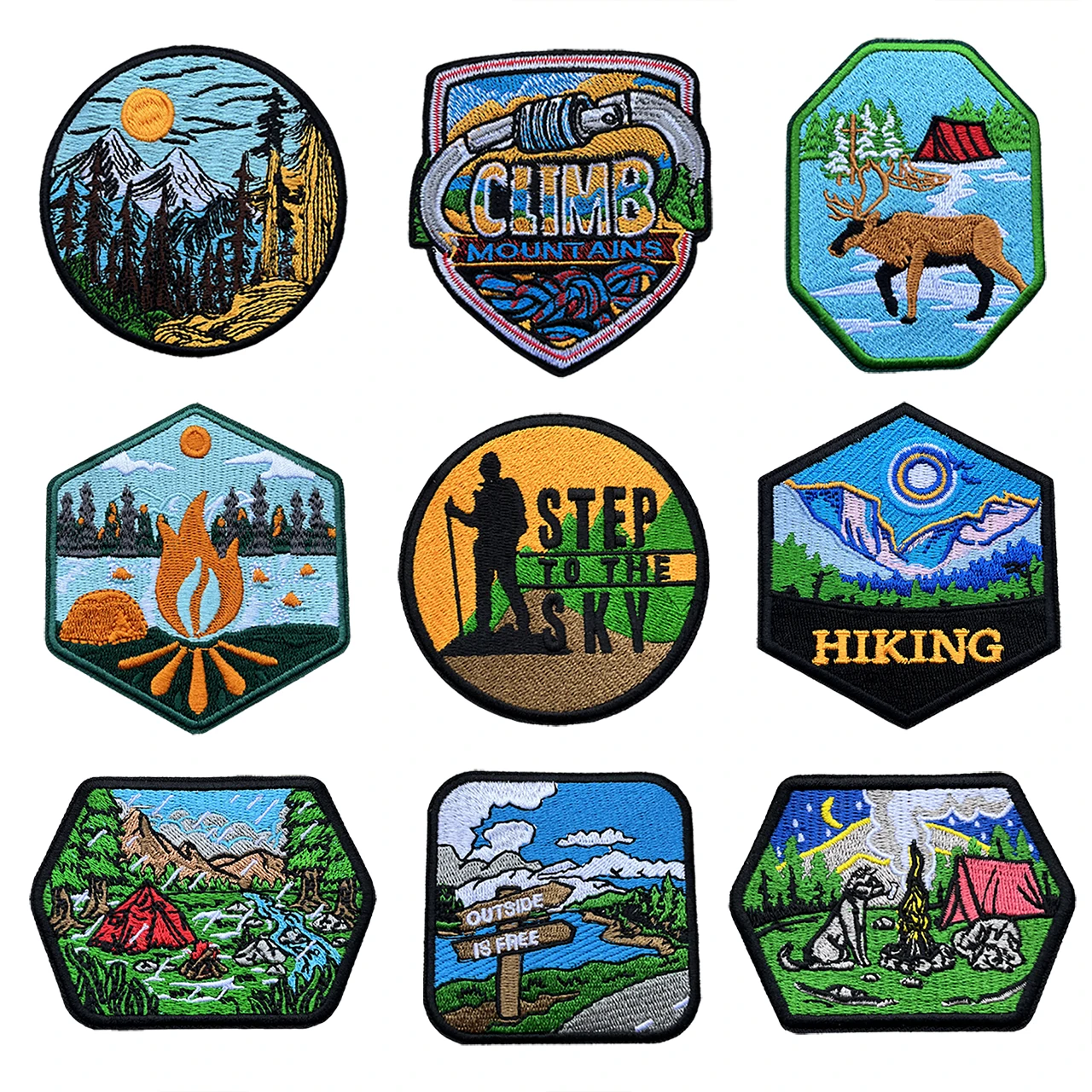 

Custom Logo Climbing Embroidery Patches Explore Adventure Hiking Backpack Badge Mountain River Camping Clothes Patches Stickers