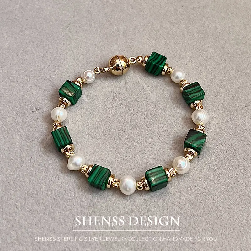 

Natural Freshwater Pearl Malachite Bracelet Plated 14K Gold Accessories