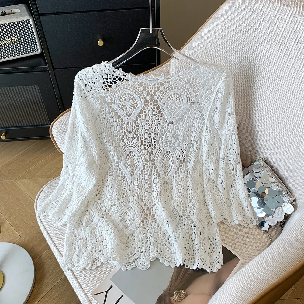 Sheer Crochet Cardigan Open Front Half Sleeve Open-Knit Crop Tops Bikini Cover Up Summer Women Boho Beach Festival Season Outfit